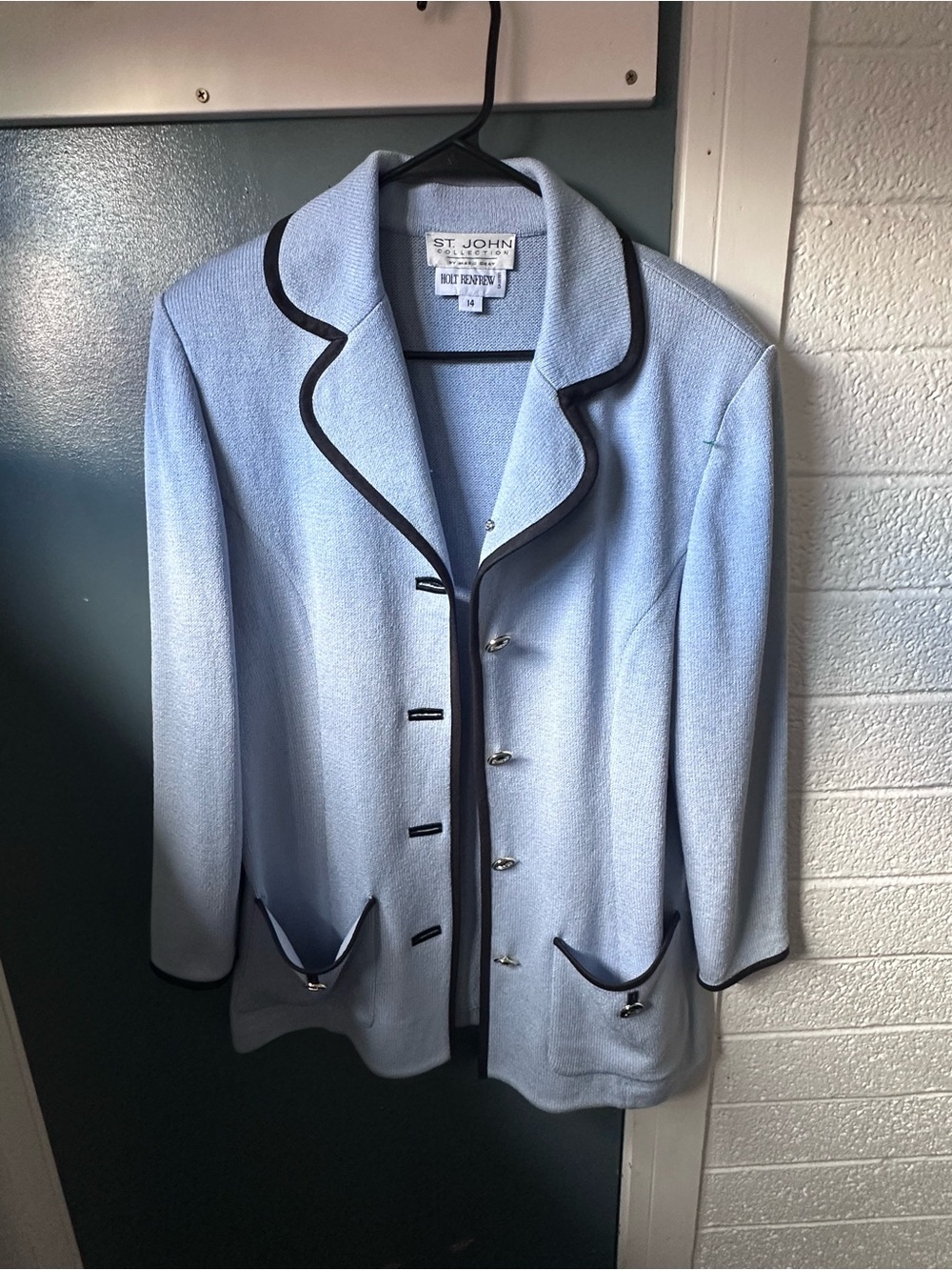 St. John Collection Powder Blue Knit Jacket with Navy Trim